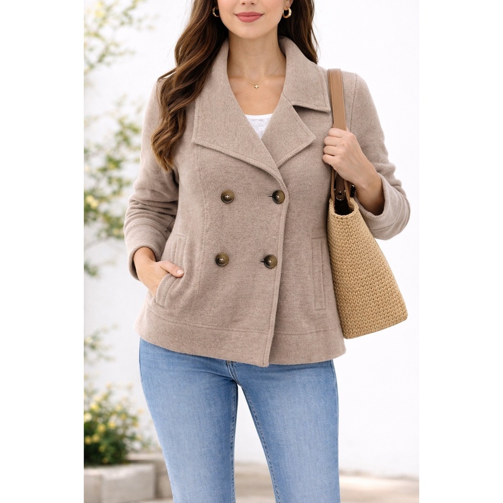 Talbots Beige Knit Sweater Jacket Double Breasted Shawl Collar Sz L Quiet Luxury